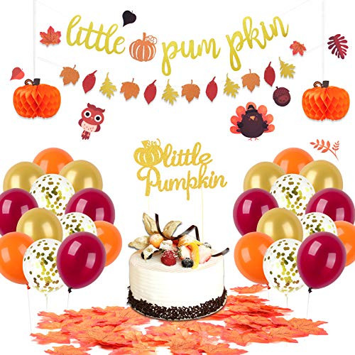 Little Pumpkin Party Decorations Supplies Little Pumpkin Banner Cake Topper Autumn Maple Leaf Garland Confetti Latex Balloons for Thanksgiving Baby Shower 1st Birthday Party Decorations