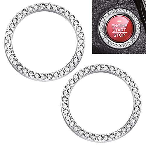2 Pack Crystal Rhinestone Ring for Car Start Stop Auto Engine Ignition Button Decoration for Push to Start Button Starter  and  Knobs Bling Decor Ring-Silver-