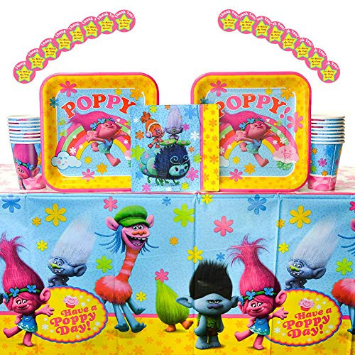 Cedar Crate Market Trolls Party Supplies Pack for 16 Guests: Stickers, Dinner Plates, Luncheon Napkins, Table Cover, and Cups