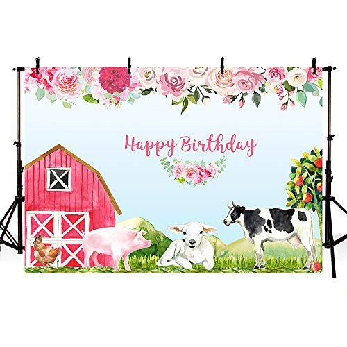 MEHOFOND Red Farm Barn Theme Happy Birthday Party Decoration Backdrop Farm Animals Photography Background Cake Table Banner Photo Studio Props Vinyl 7x5ft