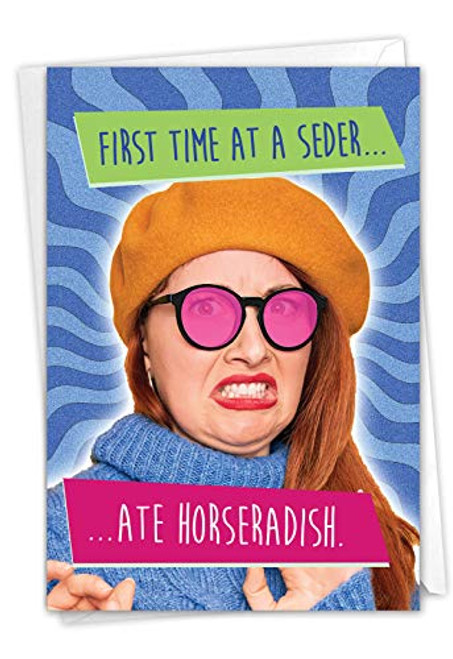 NobleWorks - Funny Passover Greeting Card with Envelope -1 Card- - First Time Seder C9202PAG