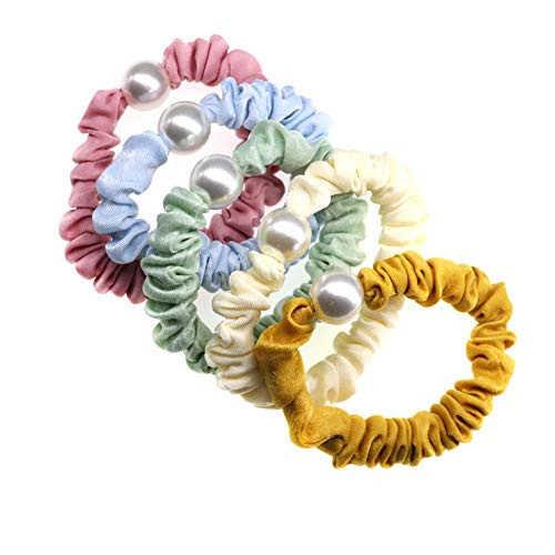 Pearl Hair Ties Hair Scrunchies Hair Ring with Beads Hair Bands Ropes Hair Elastic Bracelet Ponytail Holder Korean Hair Accessories Gift for Women and Girls 5 Pack