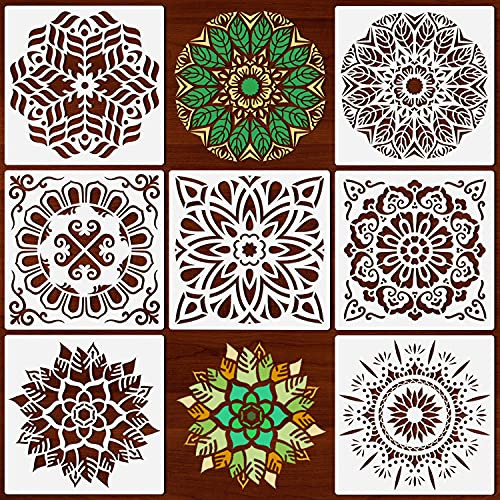 TAORISH 7 Pack 12x12 Inch Mandala Stencil Large Reusable Stencils for Painting on Wall Floor Tile Fabric Furniture Stencils Laser-Cut Painting Template