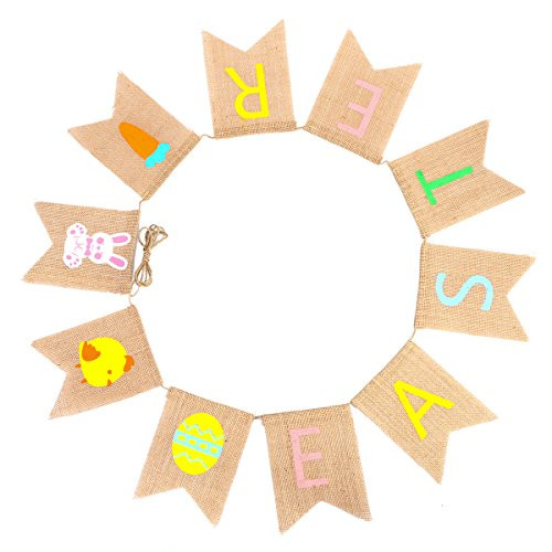 LUOEM Easter Banners Rabbit Colorful Easter Letter Printed Burlap Bunting Banners Garland for Easter Decorations Party Favors Photo Prop 2.8m