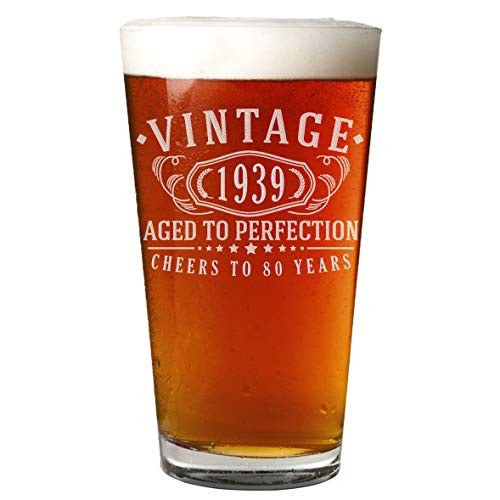 80th Birthday Etched Pint 16oz Beer Glass - Vintage 1939 Aged to Perfection - 80 years old gifts 80th Birthday Etched Pint 16oz Beer Glass - Vintage 1939 Aged to Perfection - 80 years old gifts