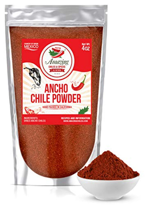 Ancho Chile Pepper Powder Ground -4oz- Natural and Premium. Great For Recipes Like Mexican Mole Sauces Stews Salsa Meats Enchiladas. Mild to Medium Heat Sweet and Smoky Flavor. Ancho Chile Pepper Powder Ground -4oz- Natural and Premium. Great For Recipes Like Mexican Mole Sauces Stews Salsa Meats Enchiladas. Mild to Medium Heat Sweet and Smoky Flavor.