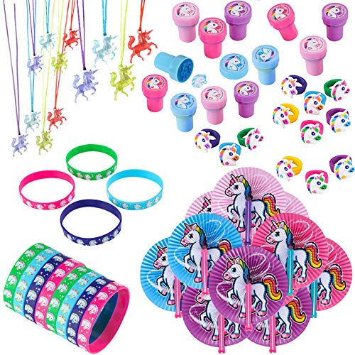 NES Unicorn Party Supplies and Favors for Boys and Girls | Toys and Novelty Items for 12 Kids | Foldable Fan, Stamper, Rubber Bracelet, Ring and Necklace