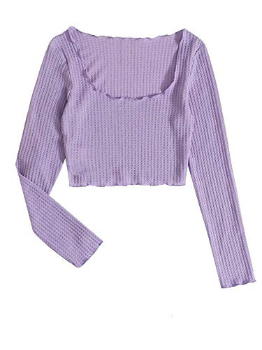 Milumia Women's Lettuce Trim Scoop Neck Rib-Knit Crop Tee Tops Purple b X-Small