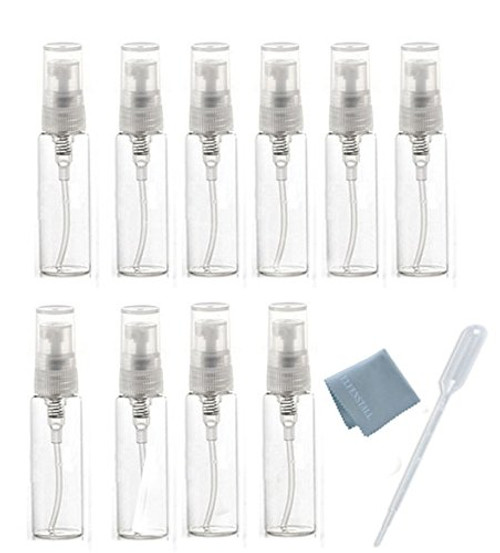 Elfenstal- 10pcs Clear 10ml Fine Mist Atomizer Glass Bottle Spray Refillable Perfume Empty Bottle Glass Clean Cloth for Travel Party Portable Makeup Tool  plus Free 3ml Pipette