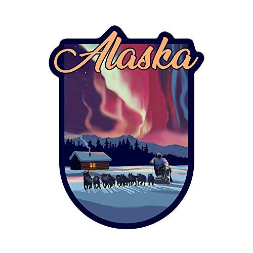Lantern Press Alaska Northern Lights and Dogsled Contour 97399 -Vinyl Die-Cut Sticker Indoor-Outdoor Large-