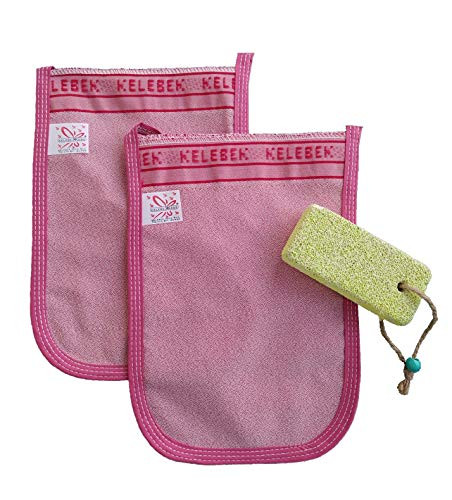 CEVVIZZ Turkish Hammam Dead Skin Remover Body Scrub Gloves Exfoliating Body scrubbers for use in shower Bath Glove Skin Exfoliating Spa Keses Mitt -2 Pack- -RED-