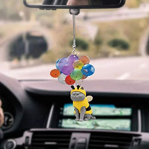 QWV Flying Cat Car Hanging Ornament with Colorful Balloon Car Hanging Pendant Car Rearview Mirror Pendant Birthday Gift Auto Decoration Accessories Ornaments