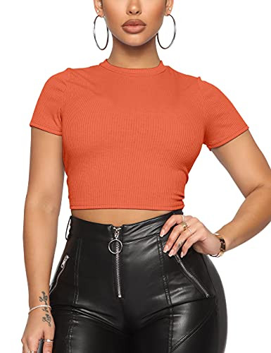 Cuihur Women's Casual Short Sleeve Mock Neck Crop Top Slim Fit Ribbed Knit T Shirt Soild Basic Tee Tops Orange XS