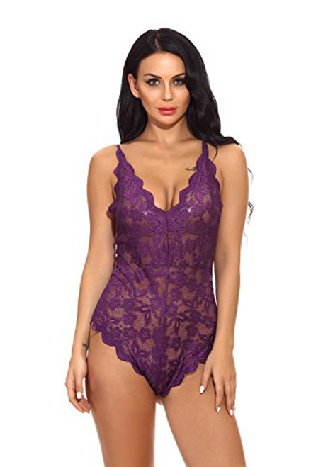 Womens One Piece Lingerie Sexy Lace Teddy Bodysuit Sleepwear Deep V Neck Mini Babydoll Purple X-Large