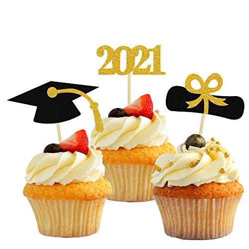48 PCS 2021 Graduation Cupcake Toppers Gold Glitter Graduation Cupcake Decorations Class of 2021 Grad Cake Toppers Food Picks for Graduation Party Supplies