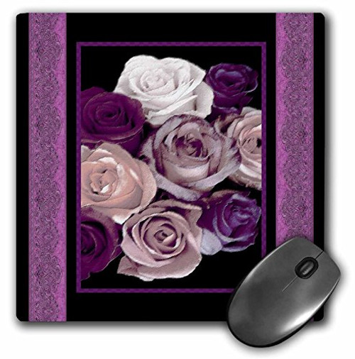 3dRose LLC 8 x 8 x 0.25 Inches Mouse Pad Dreamy Hues of Purple-Pink Roses with Purple Damask Ribbon Trim -mp_29798_1-