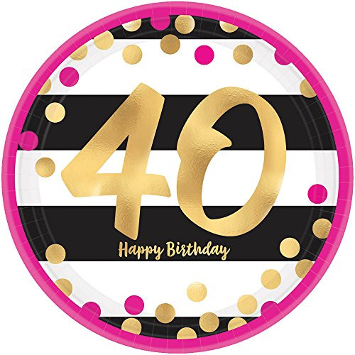 Amscan Pink and Gold Milestone "40" Round Metallic Plates 9" 8 pcs Birthday