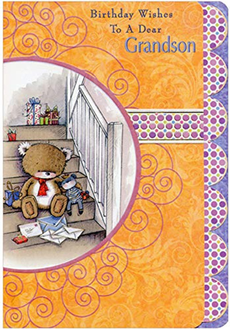 Designer Greetings Bear with Red Tie Sitting on Stairs Die Cut Juvenile Birthday Card for Grandson