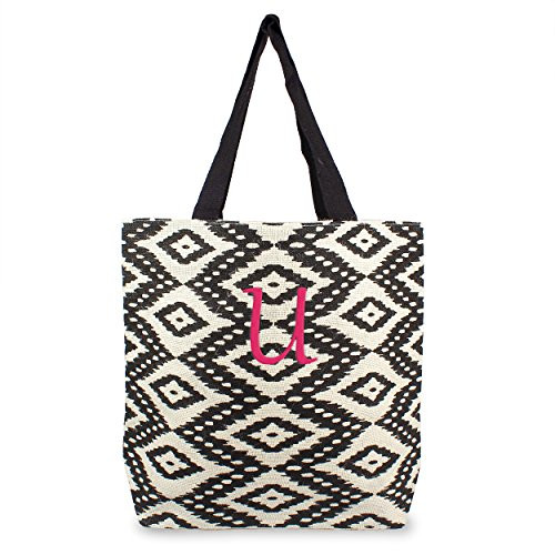 Cathy's Concepts Personalized Ikat Parchment Jute Tote Bag Monogrammed Letter X Black