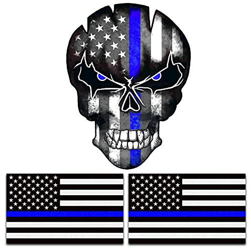 3 Pcs of Reflective Thin Blue Line American Flag Stickers and Skull Tattered Subdued US Flag Reflective Car Decal with Thin Blue Line Compatible with Motorcycles Cars  and  Trucks.