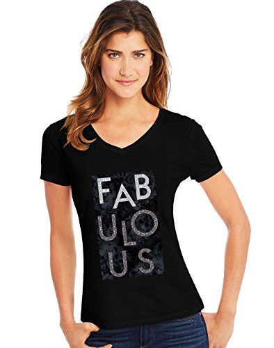 Hanes Womens Short Sleeve Graphic V-neck Tee -multiple graphics available- Fabulous-Black X Large