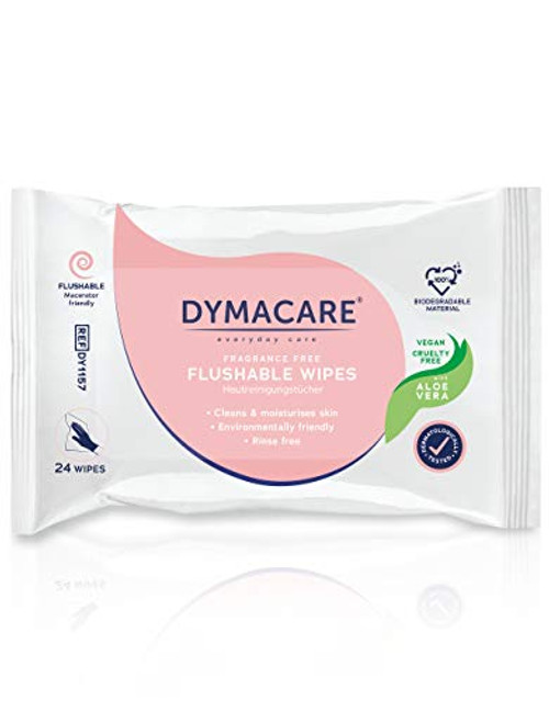 DYMACARE Flushable Wet Wipes - Gentle Biodegradable Dispersible Fragrance-free Moist Body Cleansing Wipes - with Aloe Vera - 1 Pack of 24 wipes