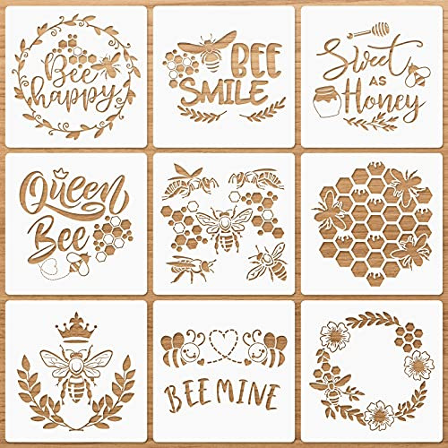 9 Pieces Bee Stencils Honeycomb Stencils Reusable Art Painting Template for Paint Craft Wall DIY Fabric Floor Home Decor Wood Signs -6 x 6 Inch-
