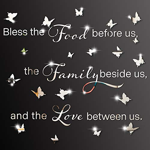3D Acrylic Mirror Wall Decor Stickers Bless The Food Before Us The Family Beside Us and The Love Between Us Prayer Sticker Kitchen Dining Room Wall Stickers Removable Butterfly Mirror Stickers
