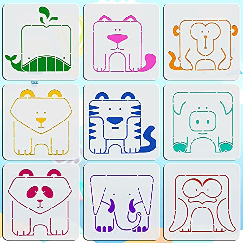 OOTSR 9Pcs Animal Painting Stencil Templates 5.1x5.1inch Reusable Animal Painting Stencil Plastic Drawing Stencils for Kids DIY Craft Stencils for Painting on Wood Scrapbooking