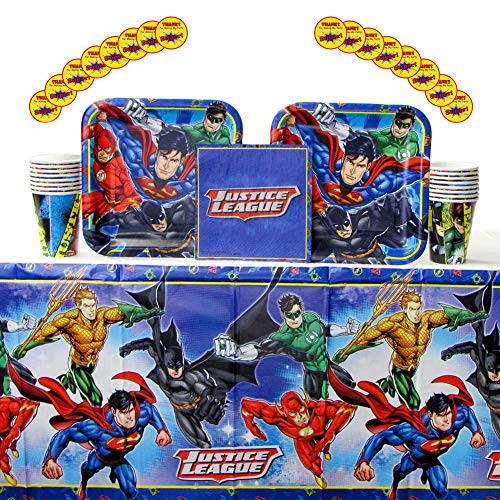 Cedar Crate Market Bundle DC Comics Justice League Superheroes Birthday Party Supplies Pack for 16 Guests: Stickers, Dinner Plates, Luncheon Napkins, Table Cover, and Cups