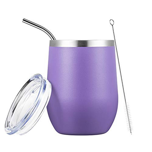 COMOOO Stainless Steel Wine Tumbler with Lid and Straw 12oz Double Wall Vacuum Insulated Travel Tumbler Cup Stemless for Hot and Cold Drinks Coffee Wine Cocktails -Light Purple 1 Pack-