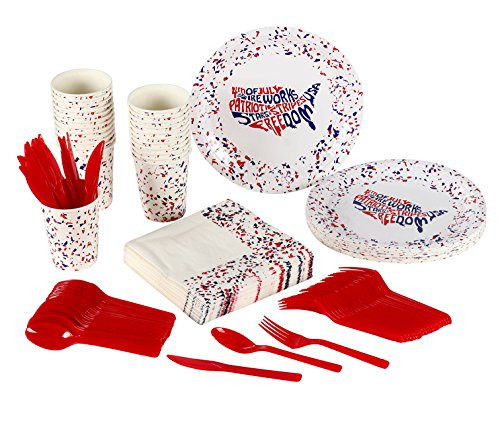 Patriotic Party Supplies  Serves 24  Includes Plates, Knives, Spoons, Forks, Cups and Napkins. Perfect Patriotic Party Pack for Veteran's Day, 4th of July, Memorial Day Themed Parties.