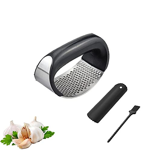 Garlic Press Stainless Steel Garlic Press Rocker Stainless Steel Garlic Mincer Premium Garlic Chopper Set with Silicone Tube Garlic Peeler  and  Cleaning Brush -Black-