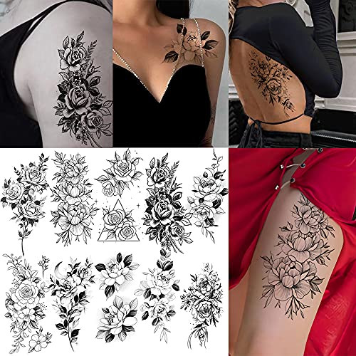 Temporary Tattoos Stickers Flowers Fake Tattoos 10 Sheets Black Flower Rose Waterproof Temporary Tattoo Black Tattoo Stickers Sexy Rose Floral Blossom Collection Temporary Tattoo for Women Neck Arm