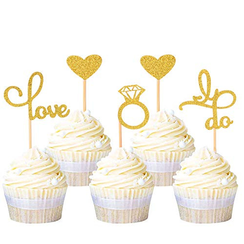 Wedding Bridal Shower Cupcake Toppers- Gold Glitter Diamond Ring Love I Do Heart Cupcake Topper Picks for Wedding Engagement Bridal Shower Bachelorette Party Decoration -24 Pcs- Wedding Bridal Shower Cupcake Toppers- Gold Glitter Diamond Ring Love I Do Heart Cupcake Topper Picks for Wedding Engagement Bridal Shower Bachelorette Party Decoration -24 Pcs-