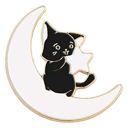 Avamie Moon Star Cat Enamel Lapel Pin -White-