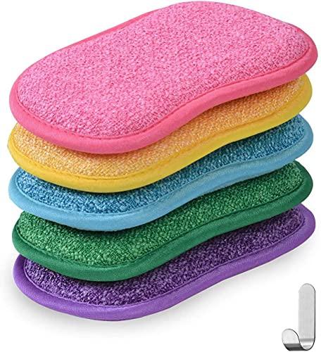 Multipurpose Kitchen Scrub Sponges Heavy Duty Cleaning Non-Scratch Scrub SpongeOdor Free Reusable Microfiber Sponge for Household Cleaning -5pc with 1pc Hook-