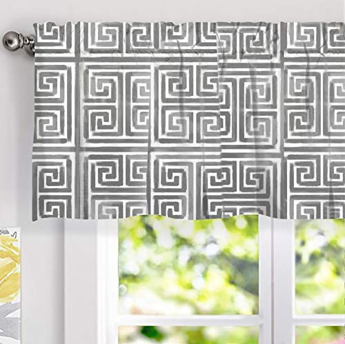 DriftAway Lori Greek Key Geometric Trellis Pattern Lined Thermal Insulated Energy Saving Window Curtain Valance for Living Room, 2 Layer, Rod Pocket, 52"x18"+2Header (Gray)