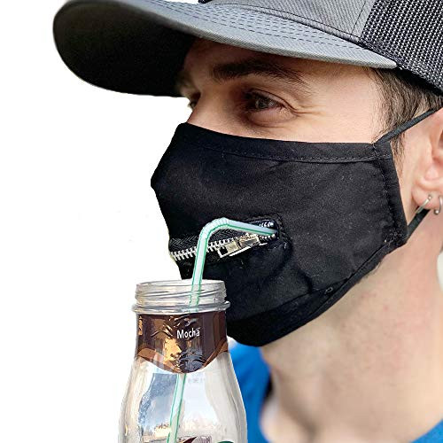 Cleanbreath Reusable Triple Layers Cloth Mask with Zipper for Drinking and Eating -Black-