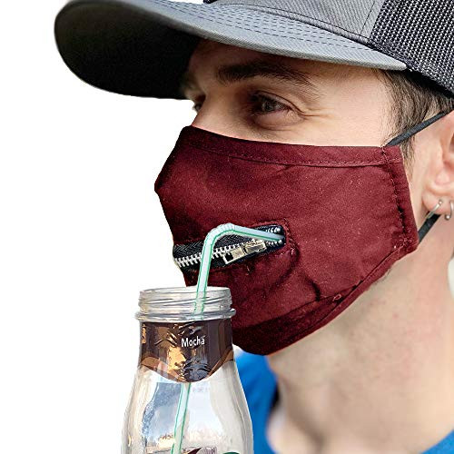 Cleanbreath Reusable Triple Layers Cloth Mask with Zipper for Drinking and Eating -Red-