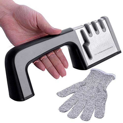 Kitchen Knife Sharpener - Wifond Chef Knife Scissors Sharpening System with Cut-Resistant Glove, 4-stage Blade Sharpener Non-Slip Base