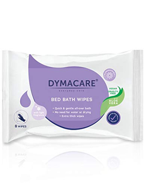 DYMACARE Fragranced Bed Bath Wipes - Rinse-Free Microwaveable Premium Adult Skin Cleansing Wet Wipes - Thick Large Body Wash Cloths - with Aloe Vera - 1 Pack of 8 wipes