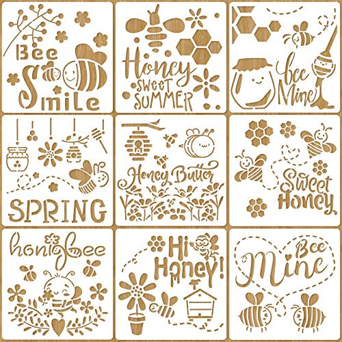 Spakon 9 Pieces Bee Stencils Honeycomb Stencils Reusable Art Drawing Template Honey Bee Honeycomb Flower Pattern Stencils for Paint Craft Wall DIY Fabric Floor Home Decor Wood Signs 7.9 x 7.9 Inch