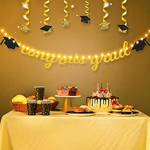 Congrats Grad Banner Gold and Black Congrats Grad Glittery Banner with 8 Modes LED String Lights Gold Graduation Party Decorations 2021 Congratulations Grad Party Decor Supplies