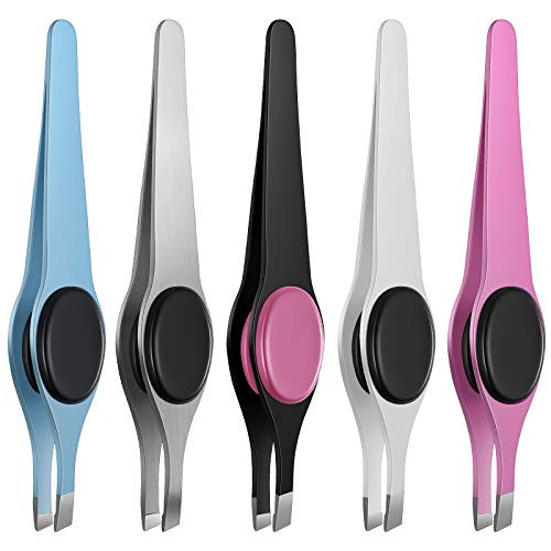 5 Pieces Slanted Tip Tweezers Stainless Steel Slanted Tweezers Eyebrow Tweezers Wide Handle Slanted Tweezers Hair Removal Makeup Tool for Women Men Eyebrows Splinter and Ingrown Hair Removal