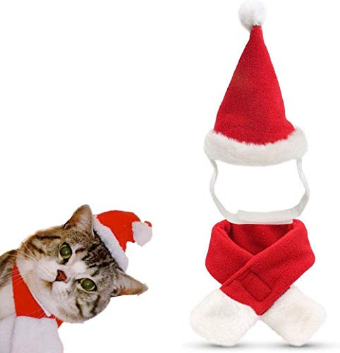 LuShmily Cat Christmas Hat with Muffler Pet Dog Santa Hat and Scarf Christmas Costume for Puppy Kitten Cats and Dogs Red