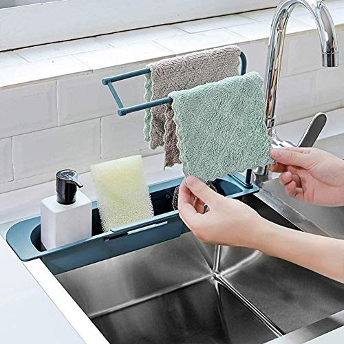 Kitchen Adjustable Drainer Sink Tray Sponge Soap Holder Sink Organizer Holder -Blue-
