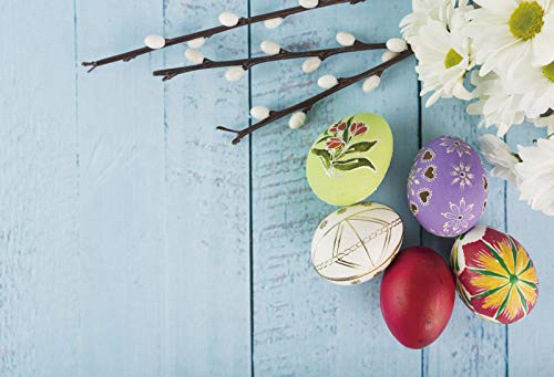 YongFoto 5x3ft Happy Easter Backdrops Colorful Easter Eggs Floral Vintage Rustic Wood Board Photography Background Children Adults Photo Shooting Props Photo Booth Studio Video Props