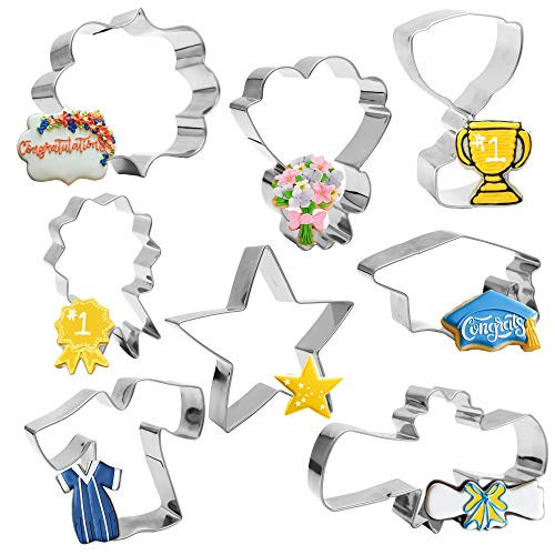 Wecepar 2021 Graduation Cookie Cutters Set - 8 Piece Stainless Steel Plaque FrameGraduation cap Diploma Gown Bouquet Trophy Medallion Star Cutters Mold for Making Pastry Cake Fondant Pancake