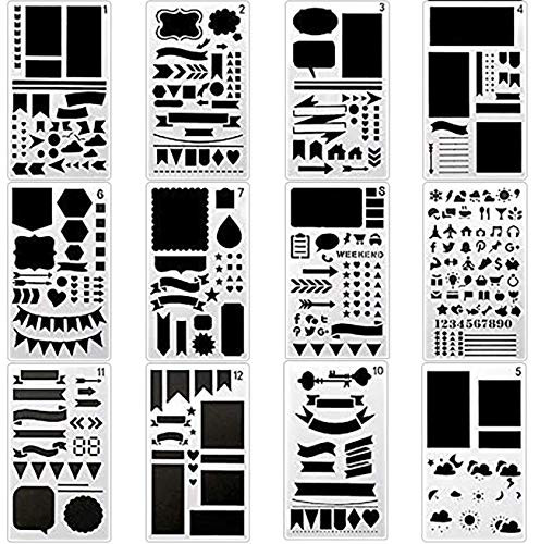 Yansanido 12pcs Journal Stencil Plastic Planner Set 4x7 Inch for Journal Notebook Diary Scrapbook DIY Drawing Template Journal Stencils -Plastic Planner 12pcs Journal Stencil-